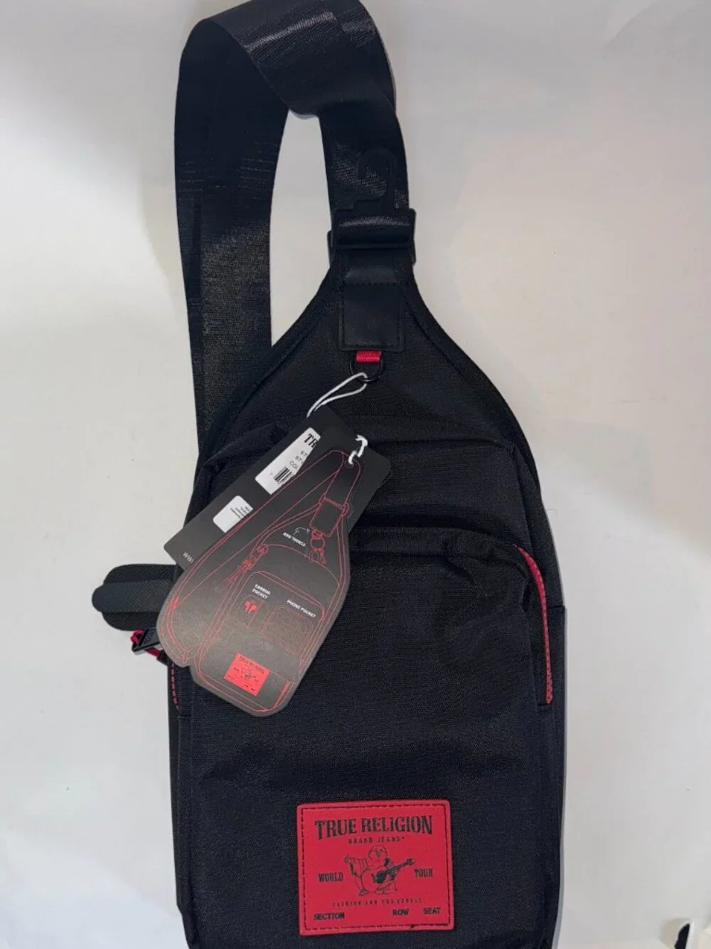 True Religion Sling Bag Features a Textured Brand Patch Durable Nylon With Red